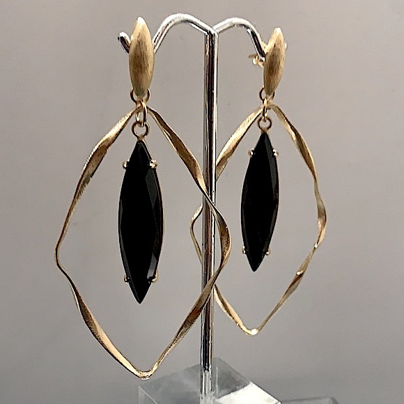 Twisted Gold Diamond Shape Chandelier Earrings W/Faceted Black Onyx - Picture 3 of 4
